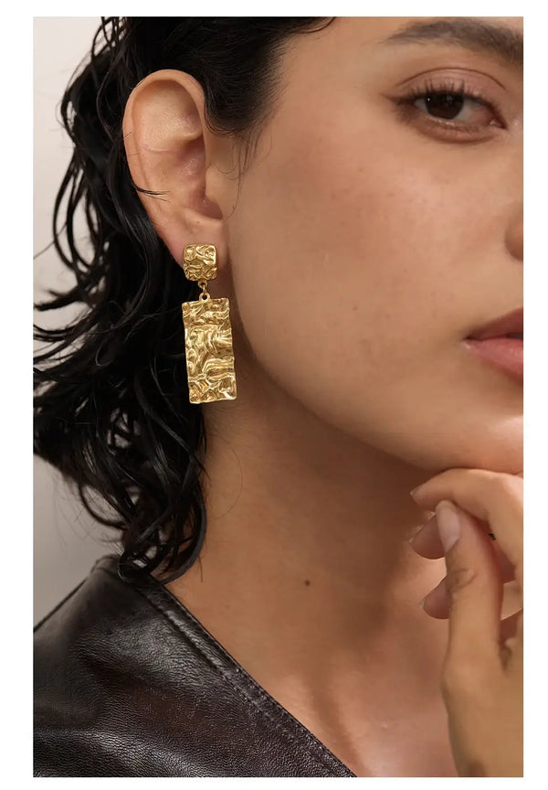 Bellartini Gold Metal Hammer Rectangle Dangle Drop Earrings Florence