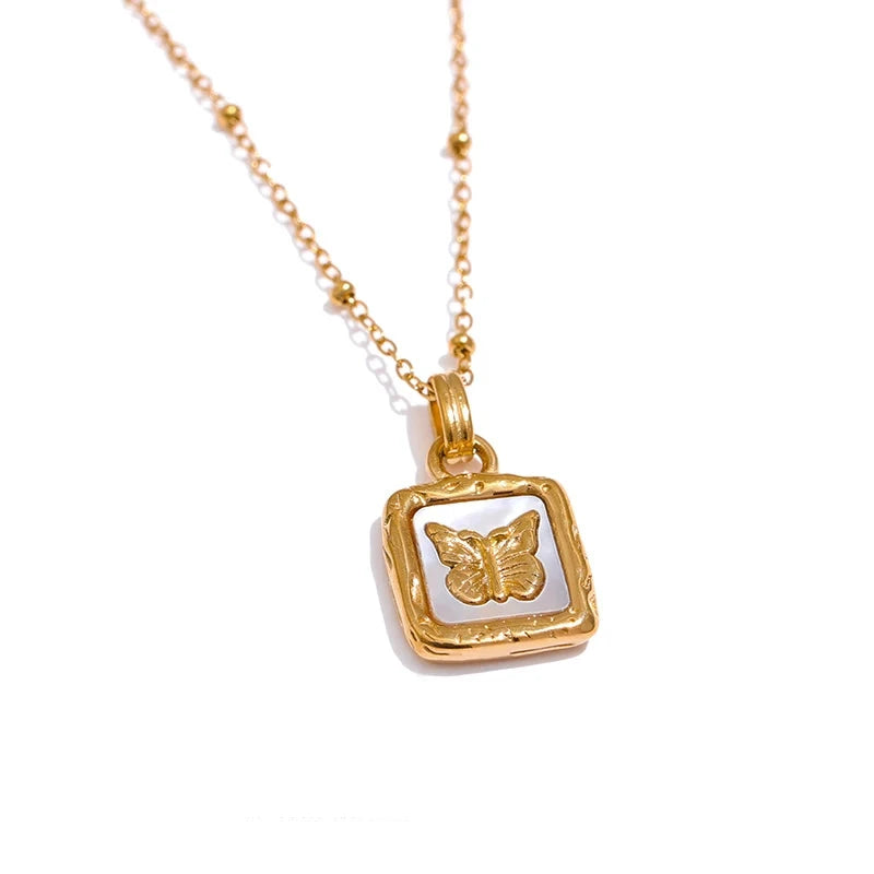 Bellartini Gold Butterfly Shell Pendant Collar Square Trendy Fashion Necklace