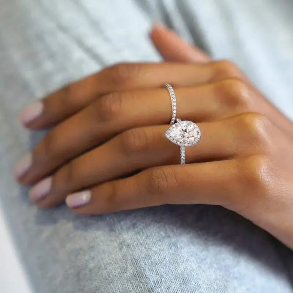 Bellartini Milan 925 Sterling Silver Teardrop Bridal Rings Sets Halo Cubic Zirconia Solitaire