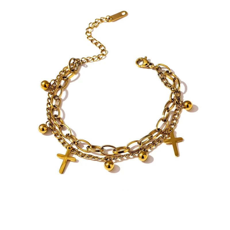 Bellartini 14K Gold Cross Layered Bracelet Charm Trendy Golden Wrist