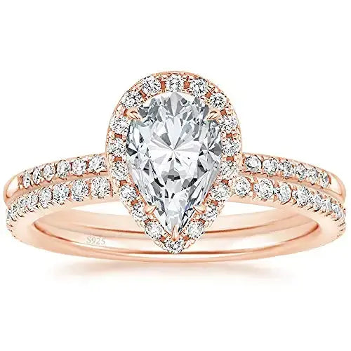 Bellartini Milan 925 Sterling Silver Teardrop Bridal Rings Sets Halo Cubic Zirconia Solitaire