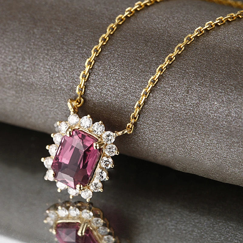 Bellartini 14k Yellow Gold  1.72ct Pink Emerald Cut Tourmaline Diamond Necklace Clavicle Pendant