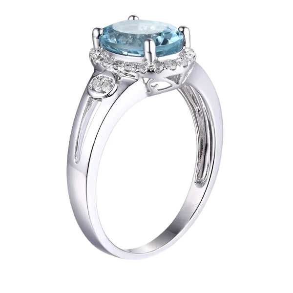 Bellartini 10k White Gold Blue Aquamarine Diamond Engagement Ring