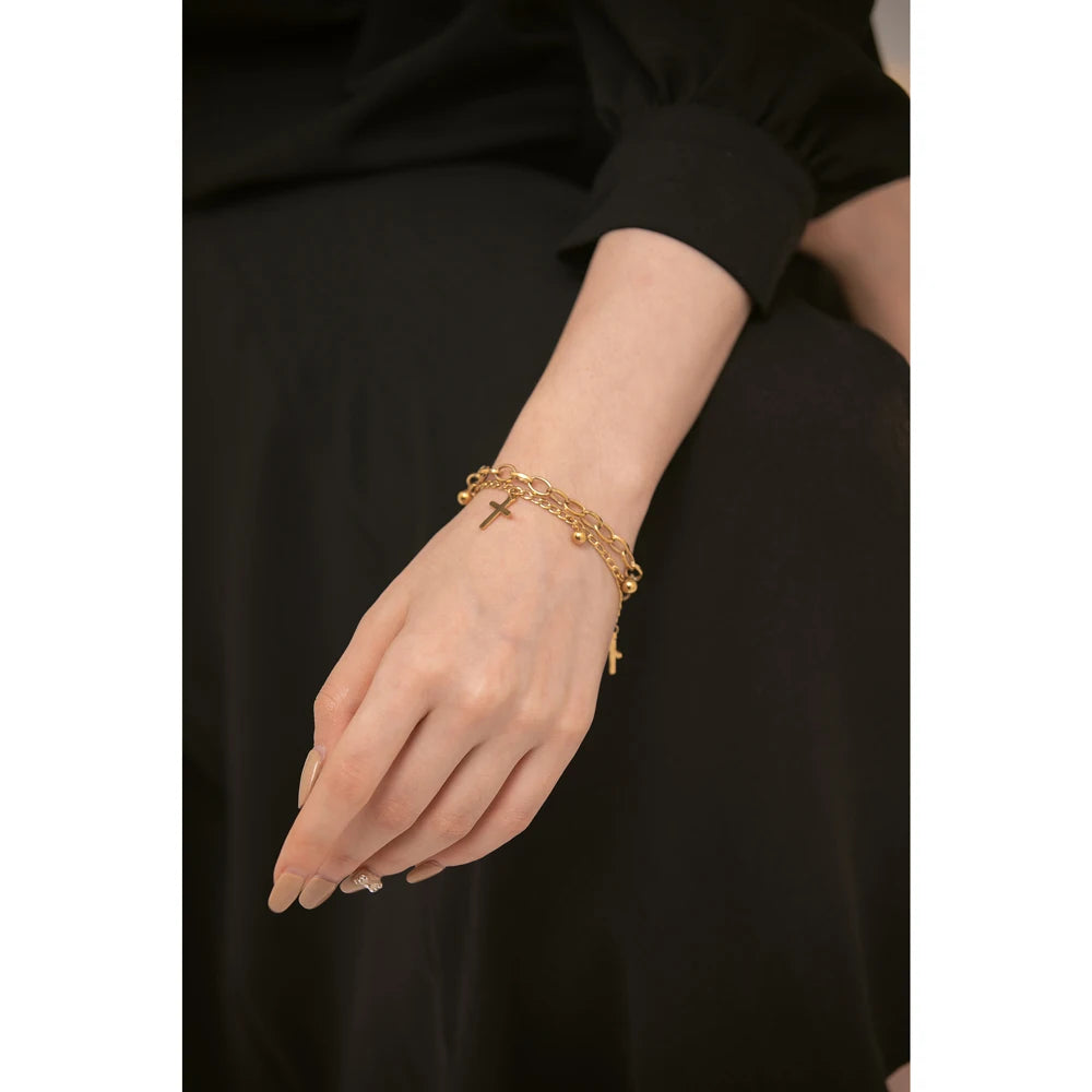 Bellartini 14K Gold Cross Layered Bracelet Charm Trendy Golden Wrist