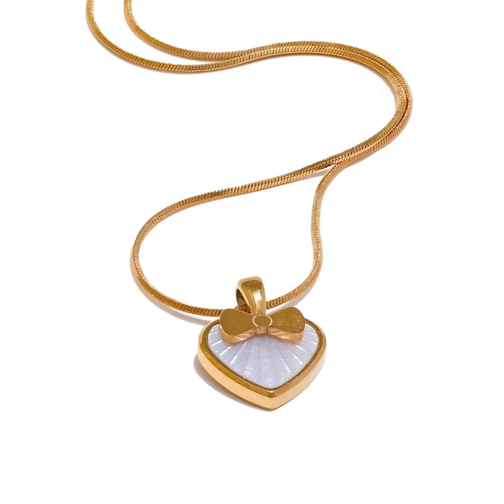 Bellartini Gold Heart Bow Knot Shell Pendant Necklace WP