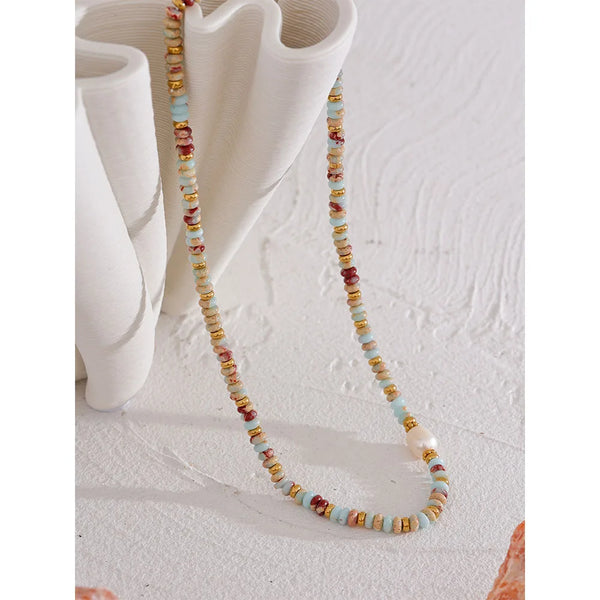 Bellartini Gold Natural Stone Freshwater Pearl Collar Chain Necklace WP Venice