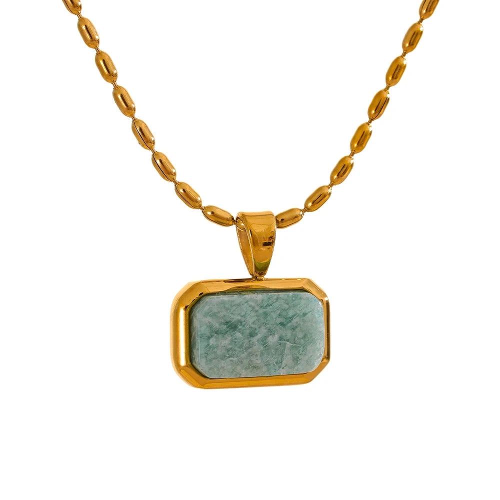 Bellartini Gold Amazonite Square Natural Stone Stylish Pendant Necklace Chic Exclusive WP