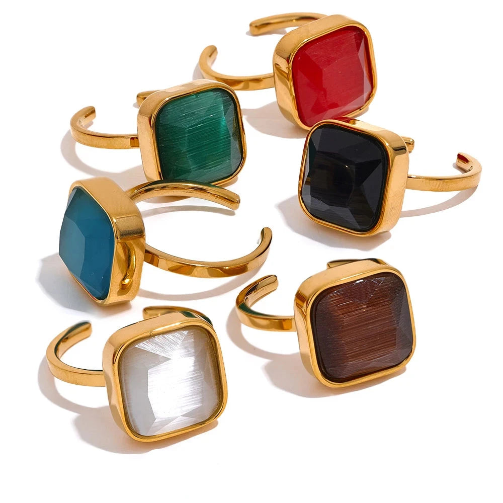 Bellartini Gold Colorful Opal Natural Cat Eye Stone Square Open Ring