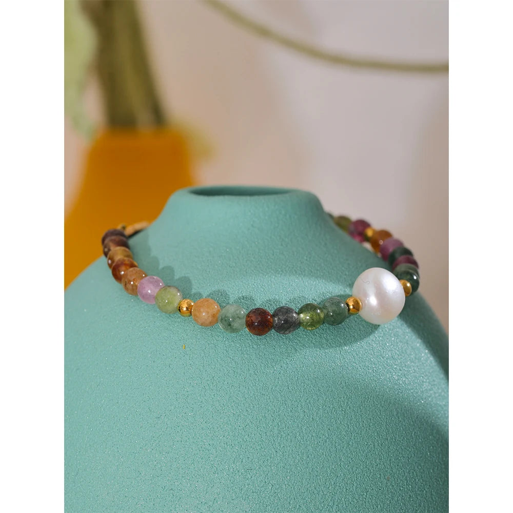 Bellartini Gold Natural Tourmaline Stone Pearl Bead Bracelet