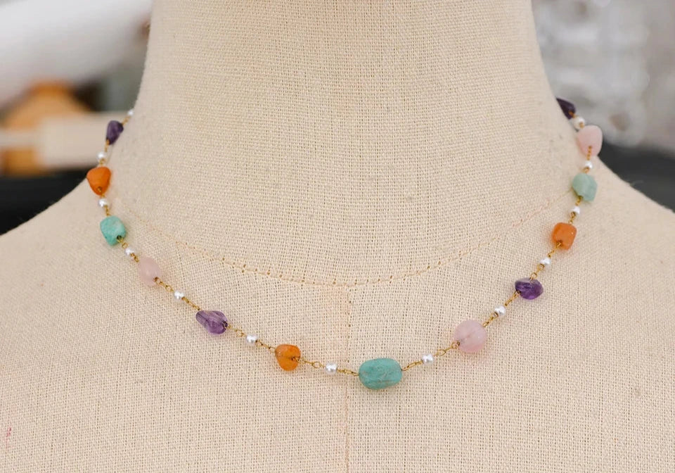 Bellartini Gold Colorful Natural Stone Imitation Pearls Necklace