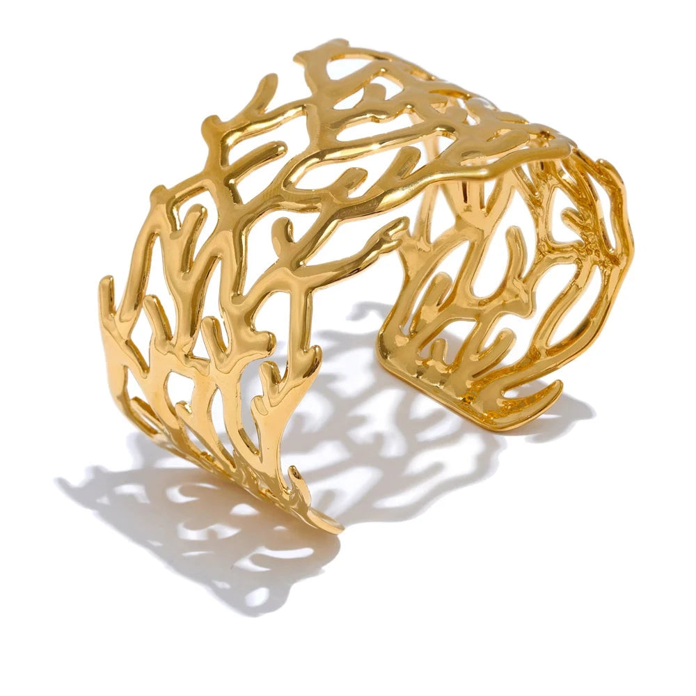 Bellartini Gold Twig Geometric Hollow Wide Cuff Bracelet WP Venice