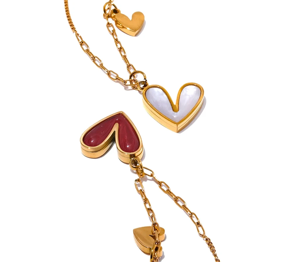 Bellartini Gold Red Enamel White Natural Shell Heart Pendant Necklace