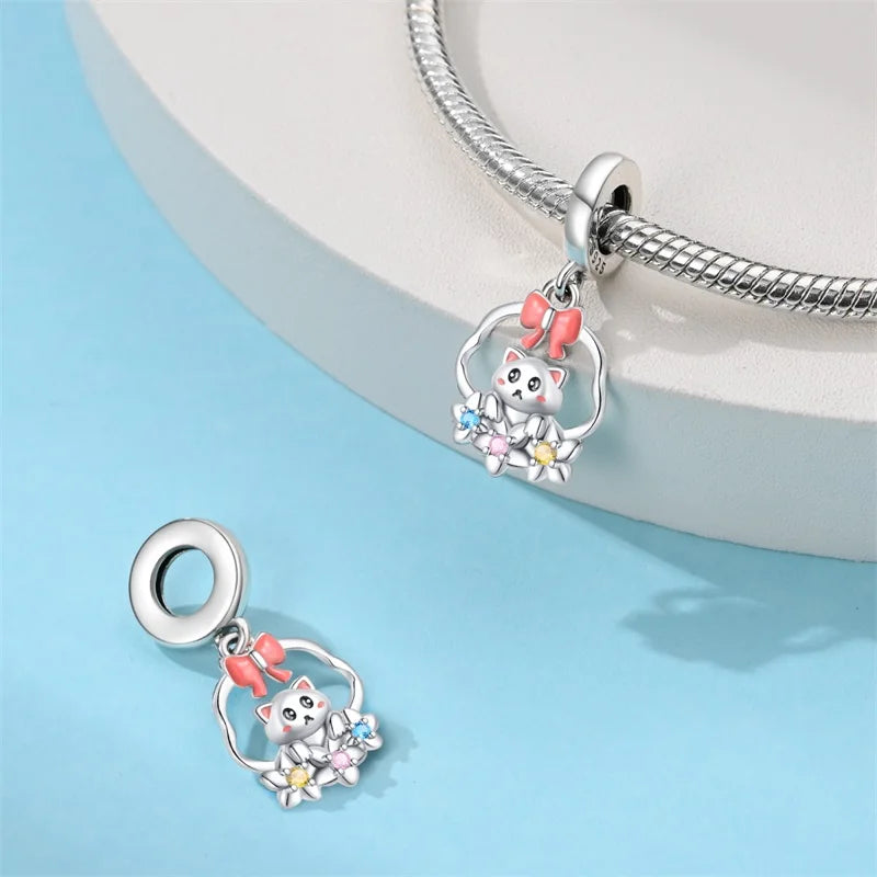 Bellartini 925 Sterling Silver Vacation Surfing Cats Cute Pink Rabbit Animal Charms Pendants PAC1233