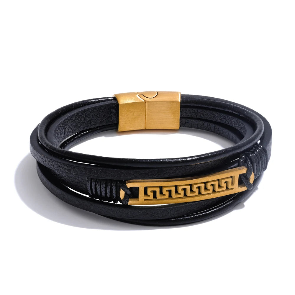 Bellartini Gold 72mm Stylish Unique Black Leather Layered Men Wrist Bracelet Bangle Vintage