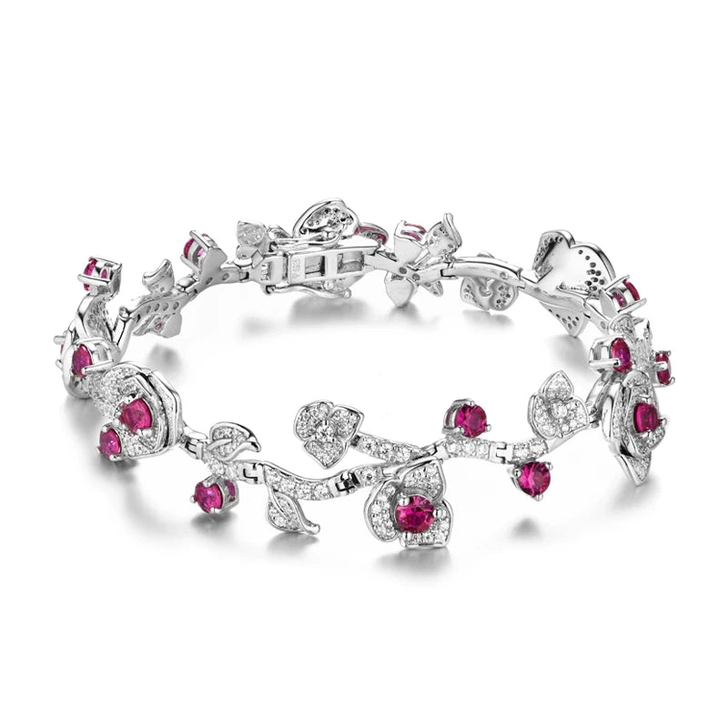 Bellartini White Gold Ruby 925 Silver Round Cut Rose Charms Bracelet