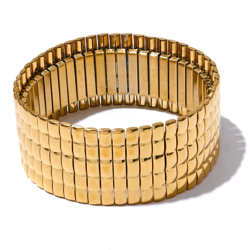 Bellartini 18k Gold Elastic Metal Wide Bracelet Bangle