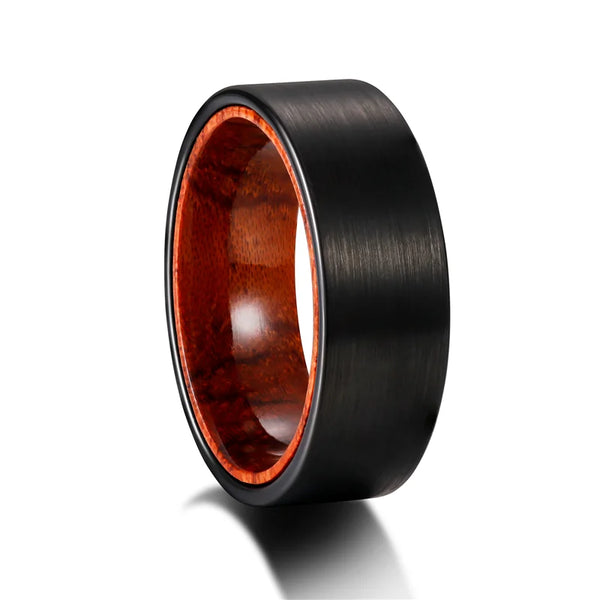 Bellartini Pisa Black Matte Tungsten Ring with Red Sandalwood for Men