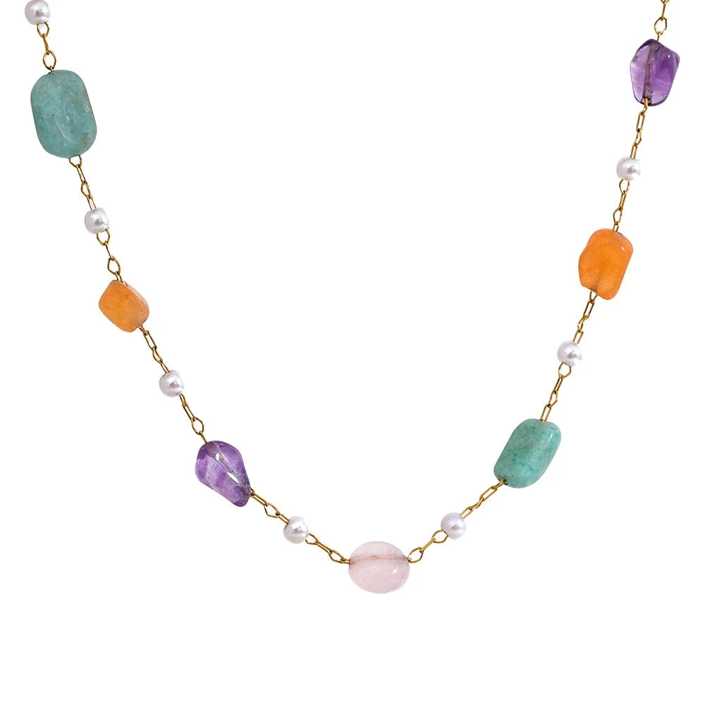 Bellartini Gold Colorful Natural Stone Imitation Pearls Necklace