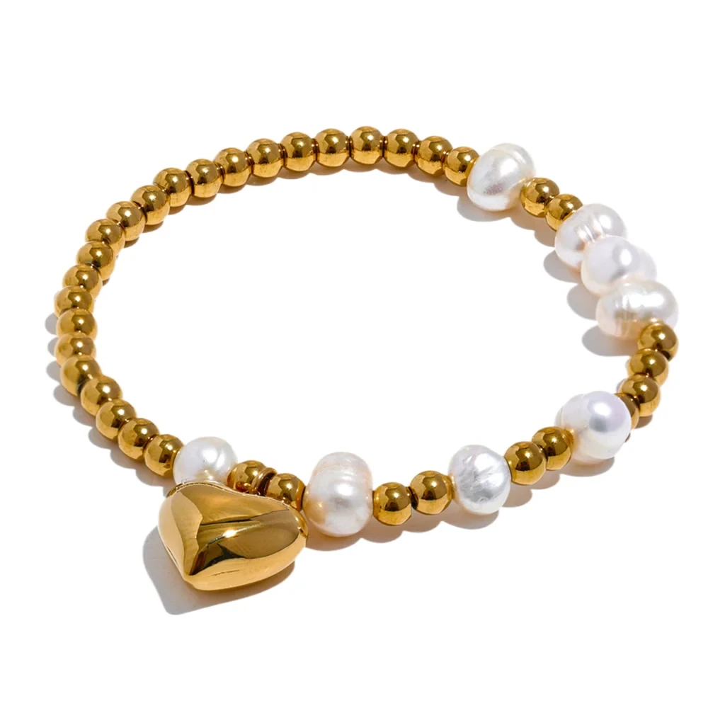 Bellartini Gold Natural Pearl Round Beads Chain Drop Heart Elastic Bracelet Venice