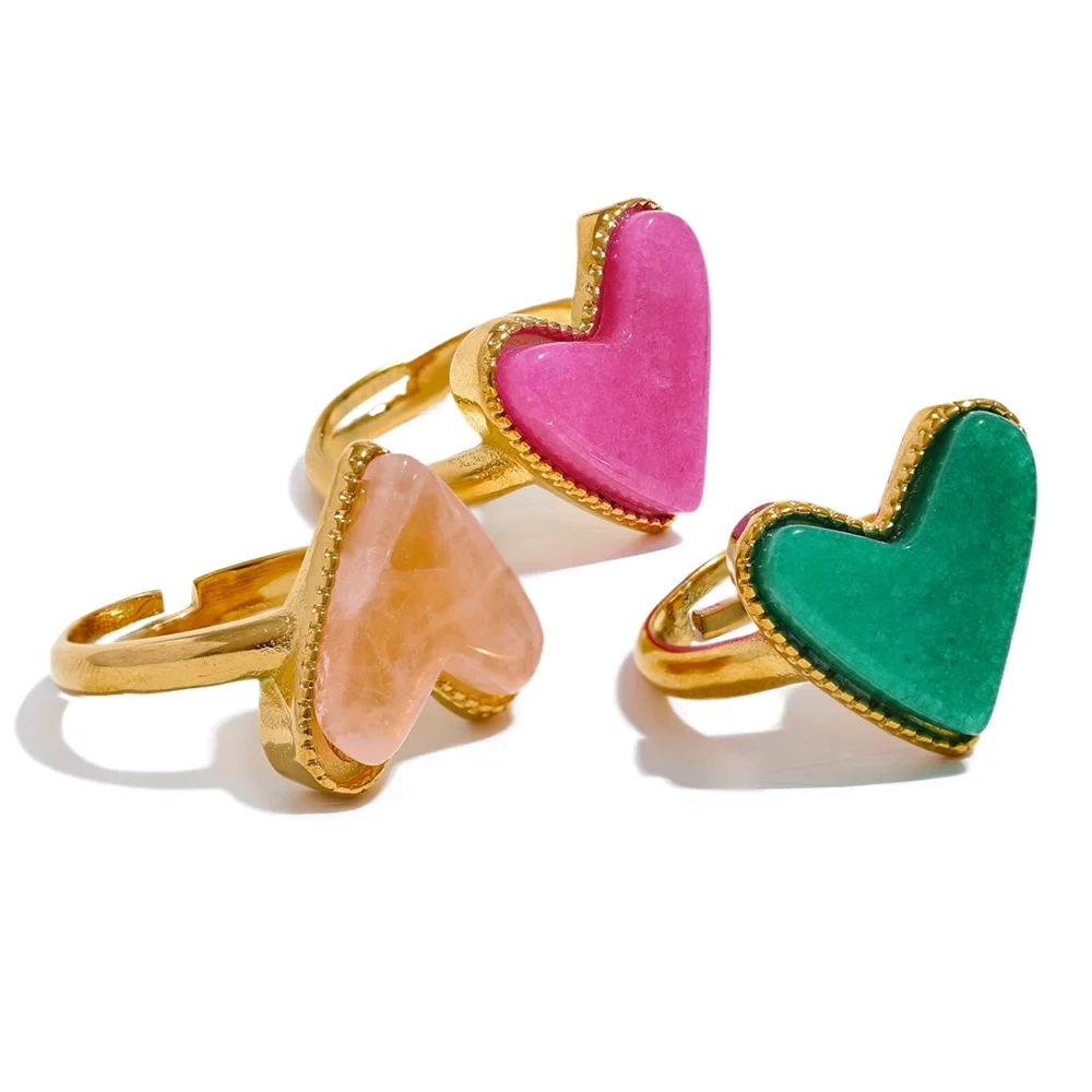 Bellartini Gold Candy Sweet Y2K Natural Stone Heart Love Open Ring Adjustable