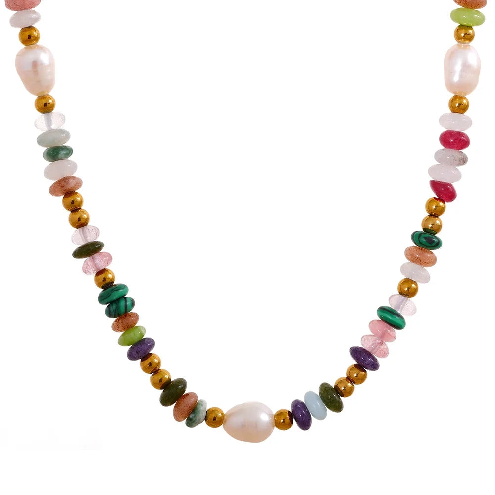 Bellartini Gold Natural Pearl Stone Colorful Handmade Necklace