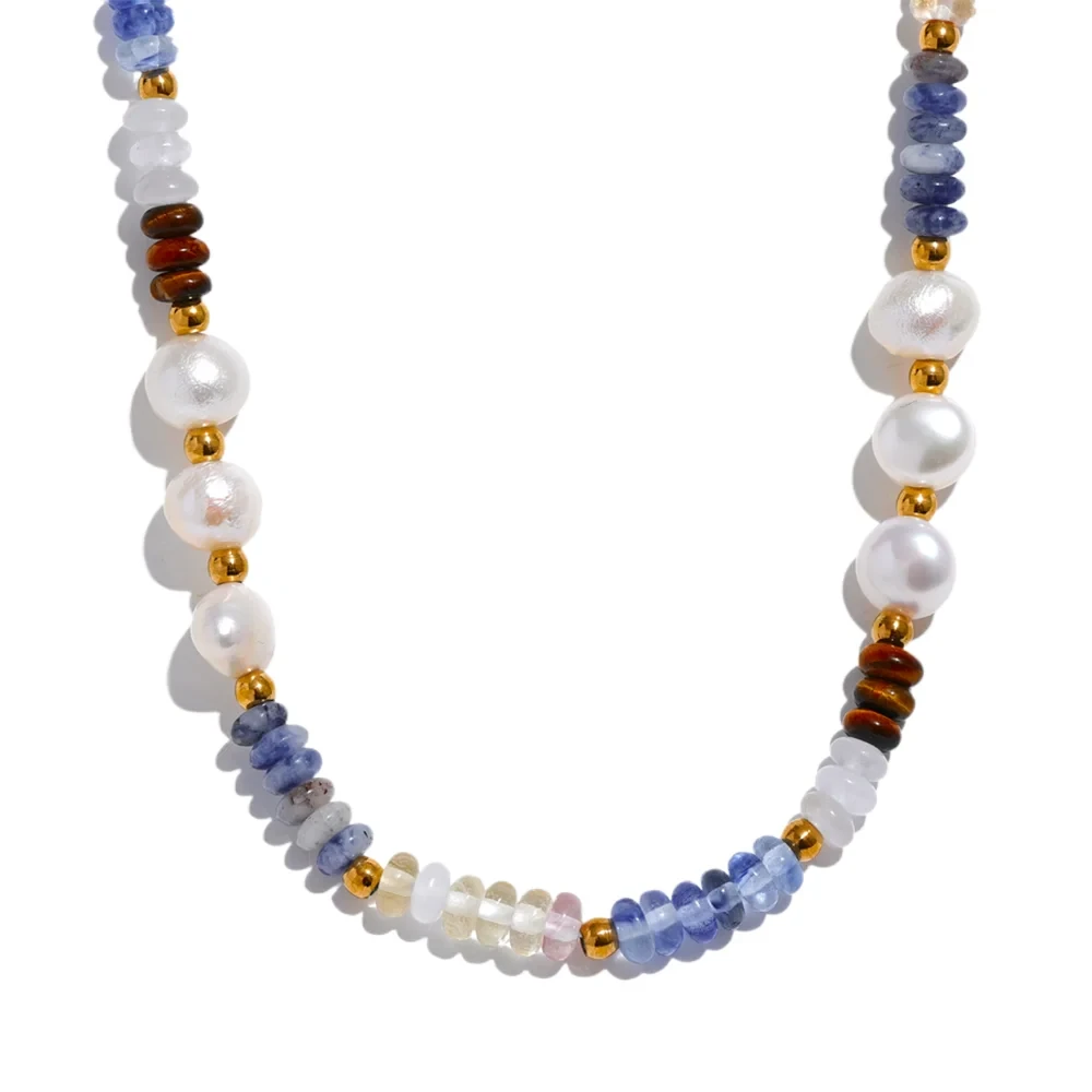 Bellartini Gold Natural Stone Freshwater Pearl Lapis Lazuli Beads Chain Necklace