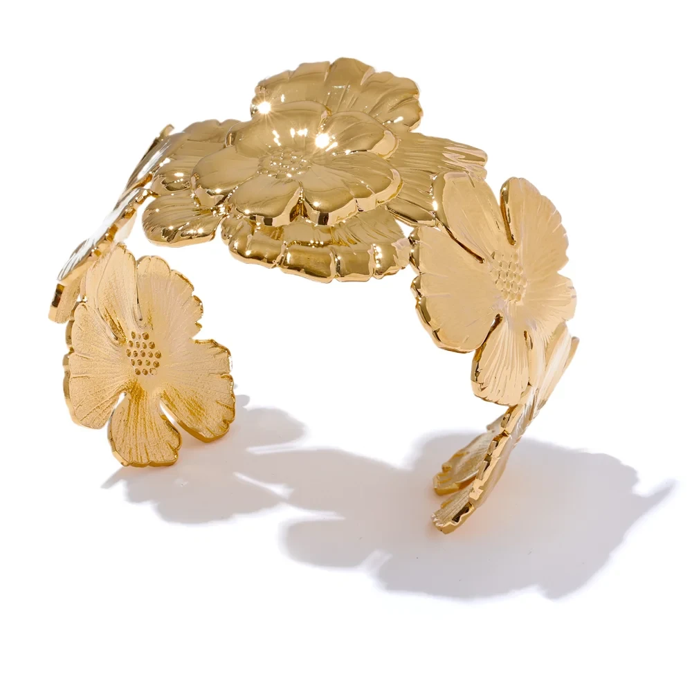 Bellartini Gold Personalized Flower Wide Cuff Open Bracelet WP