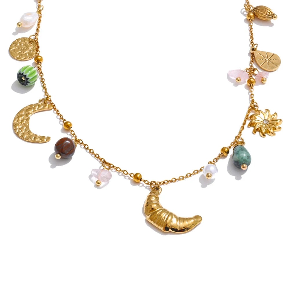 Bellartini Gold Moon Croissant Flower Natural Stone Pearls Drop Necklace Venice