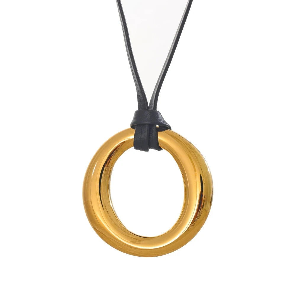 Bellartini Gold PU Leather Round Pendant Bib Necklace