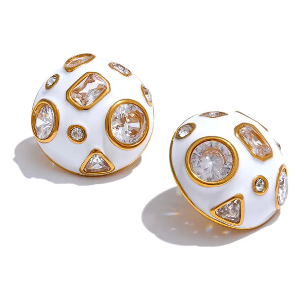 Bellartini Gold White Enamel Cubic Zirconia Charm Stud Earrings WP Venice