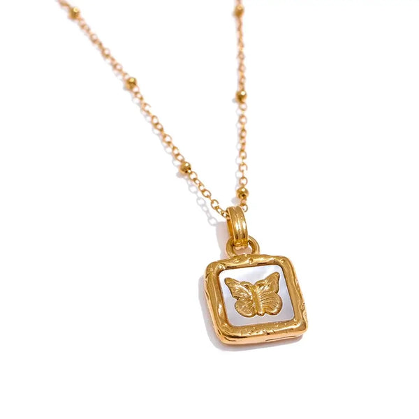 Bellartini Gold Butterfly Shell Pendant Collar Square Trendy Fashion Necklace