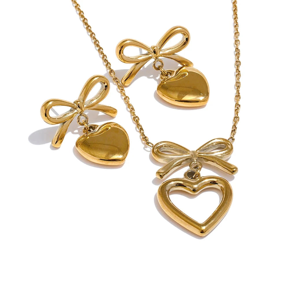 Bellartini Gold Trendy Bow Knot Heart Necklace & Earrings Set WP