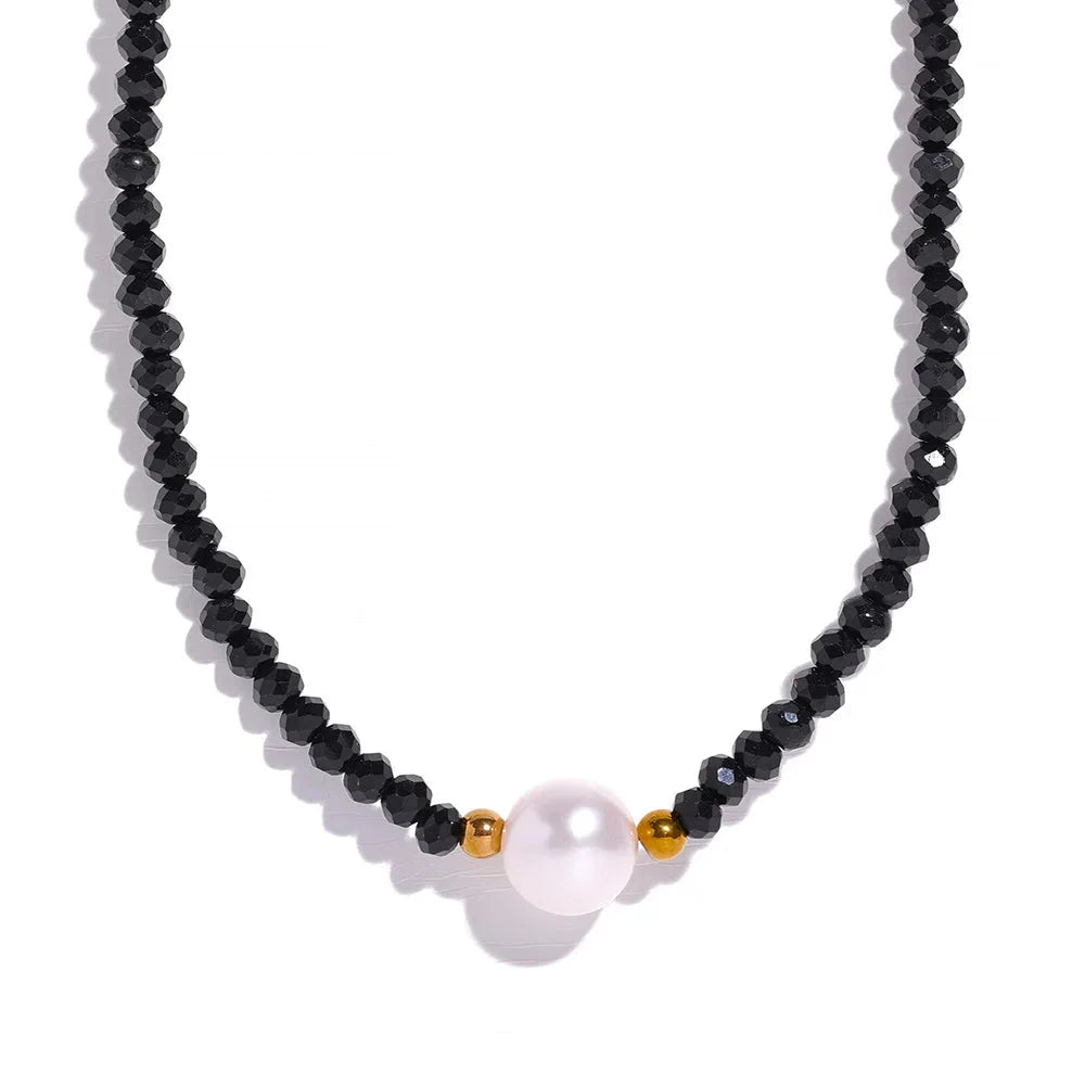 Bellartini Gold Black Crystal Beads Chain Natural Pearl Necklace WP Venice