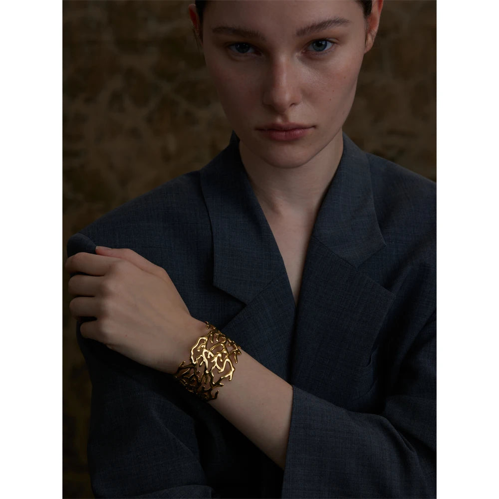 Bellartini Gold Twig Geometric Hollow Wide Cuff Bracelet WP Venice