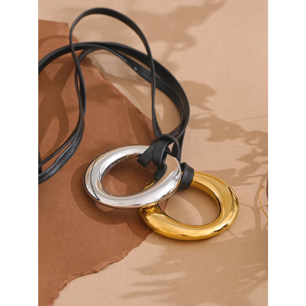 Bellartini Gold PU Leather Round Pendant Bib Necklace