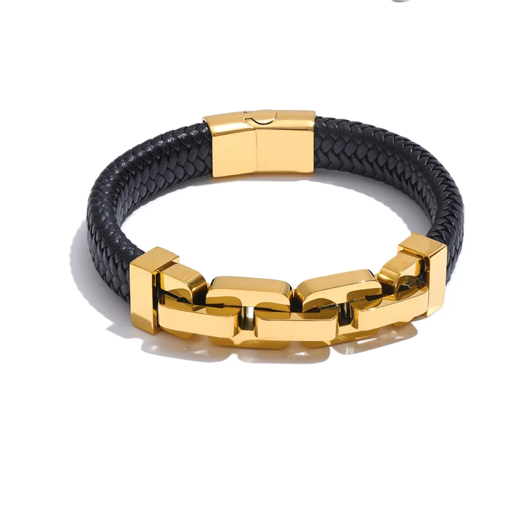 Bellartini 18K Gold Leather Handmade Men Bracelet Bangle WP