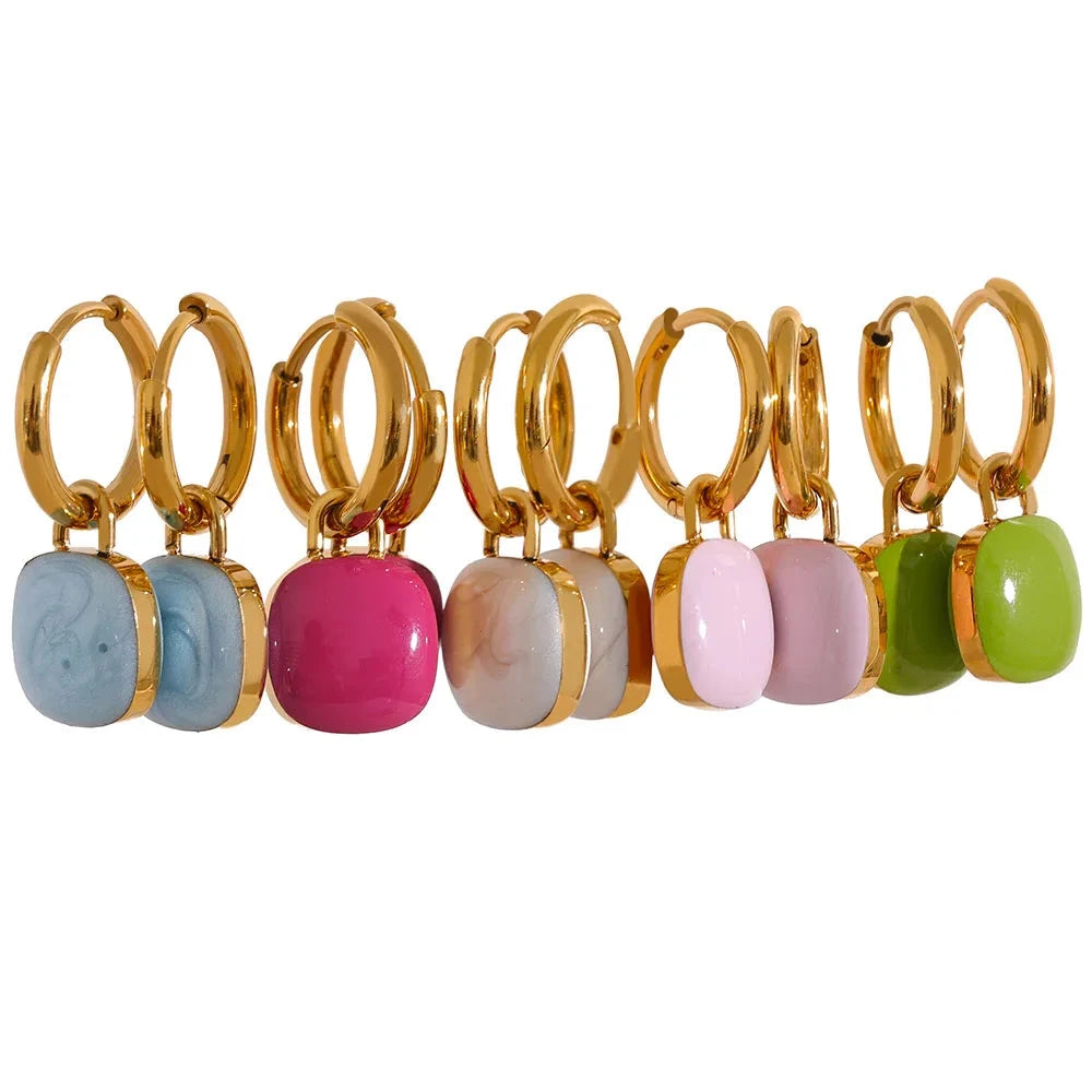 Bellartini 18K Gold Colorful Enamel Candy Square Drop Chic Hoop Earrings