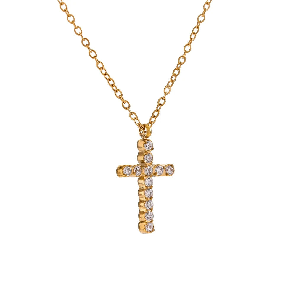 Bellartini Gold Shiny Cubic Zirconia Cross Pendant Necklace WP