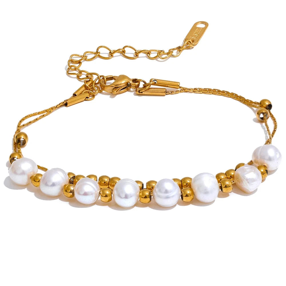 Bellartini Gold Natural Freshwater Pearls Bead Chain Bracelet WP