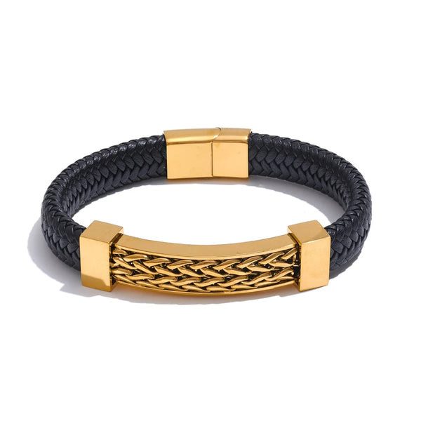 Bellartini Gold 70mm Personalized Leather Metal Chain Wide Bracelet Bangle
