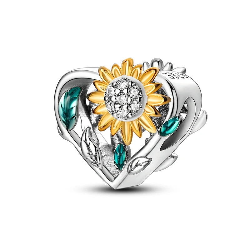 Bellartini 925 Sterling Silver Fashion Golden Sunflowers Heart Charms Beads Fit Pandora Original Bracelets KJC480