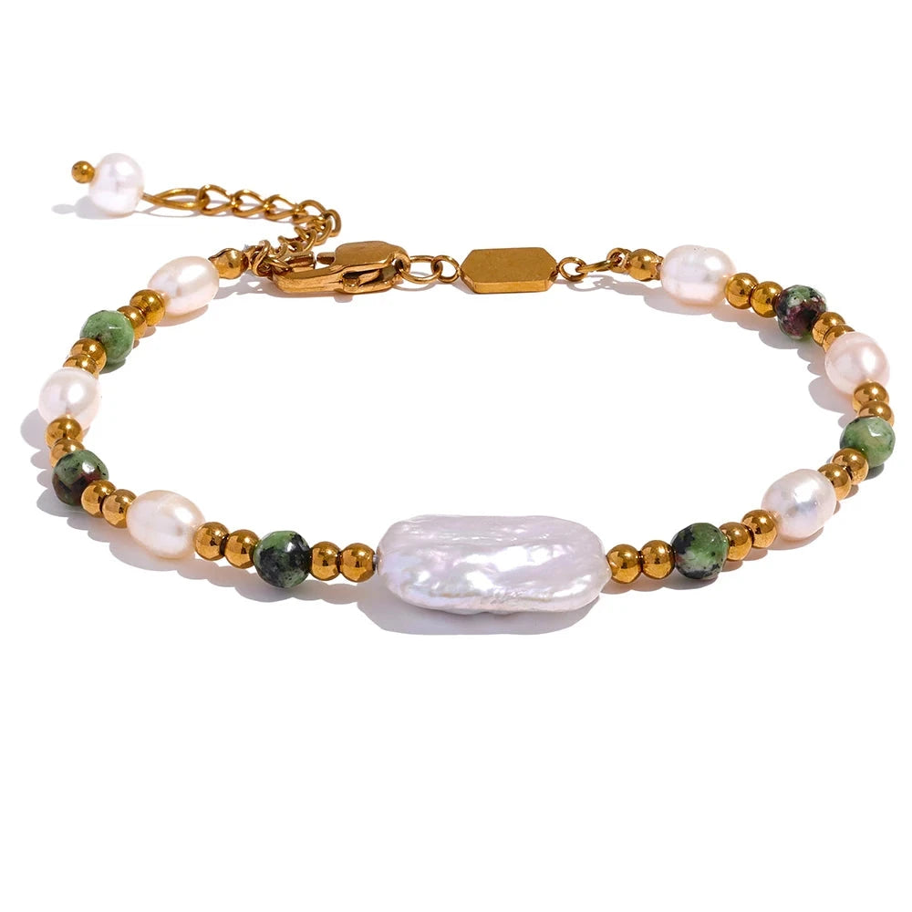 Bellartini Gold Baroque Natural Epidote Stone Freshwater Pearls Beads Bracelet WP