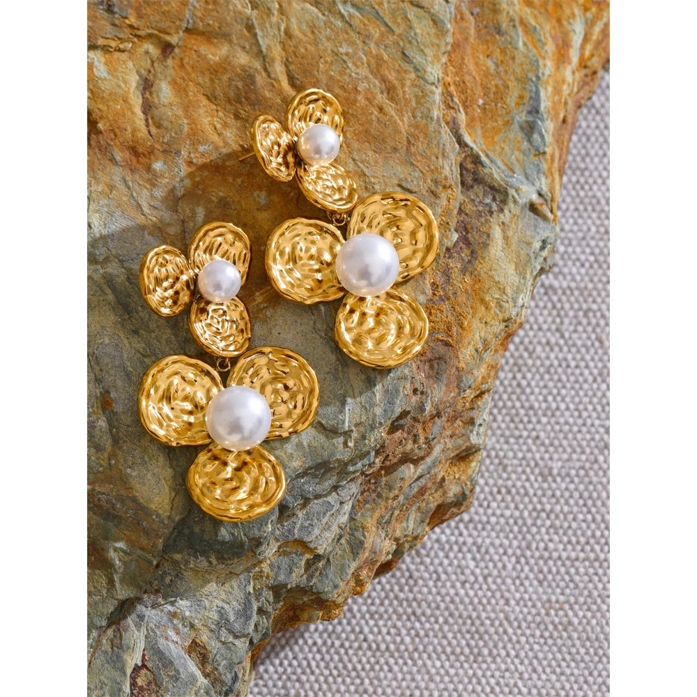 Bellartini 18k Gold Trendy Flower Imitation Pearls Drop Earrings Venice