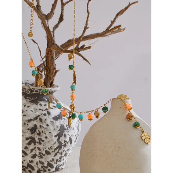 Bellartini Florence Gold Natural Stone Chain Leaf Necklace WP