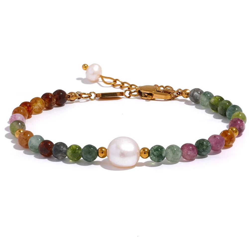 Bellartini Gold Natural Tourmaline Stone Pearl Bead Bracelet