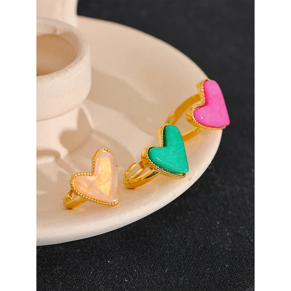 Bellartini Gold Candy Sweet Y2K Natural Stone Heart Love Open Ring Adjustable