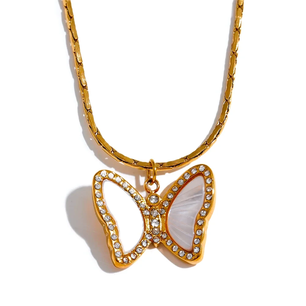 Bellartini Gold Zircon Shell Butterfly Pendant Necklace