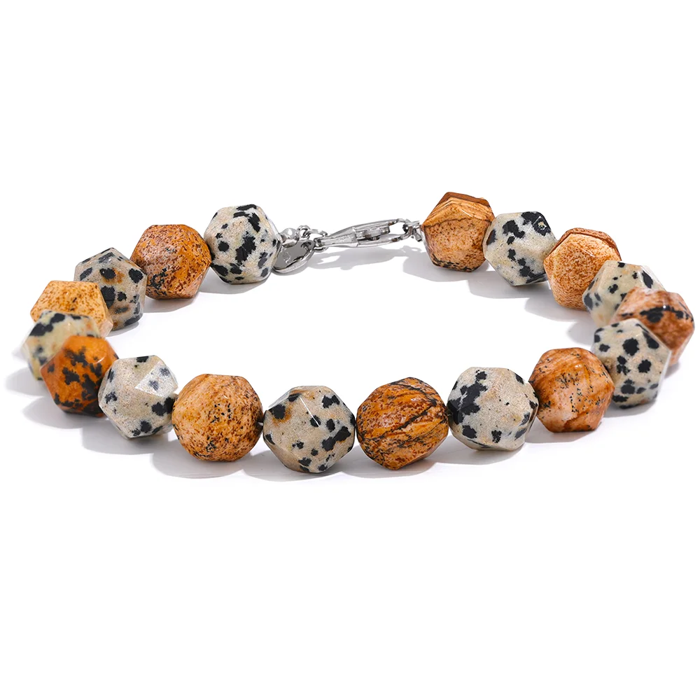 Bellartini  Gold 100% Natural Stone 17.5cm Spotted Picture Beads Handmade Chain Bracelet Bangle Unisex