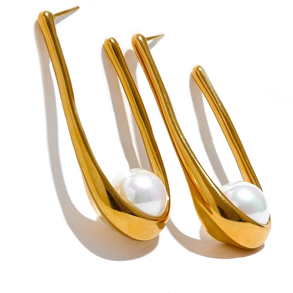 Bellartini Gold Round Imitation Pearls Geometric Huggie Earrings