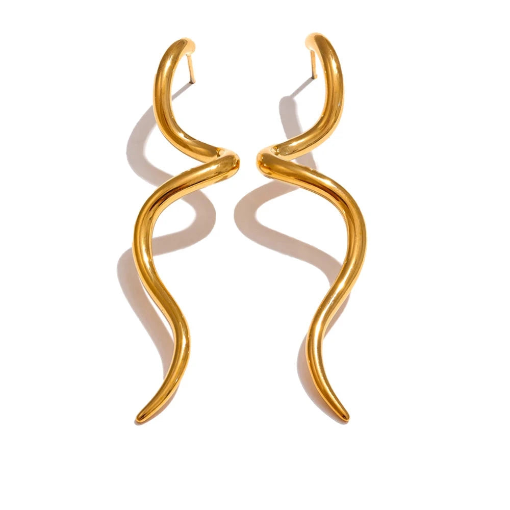 Bellartini Gold Minimalist Flowing Metal Geometric Long Stud Earrings